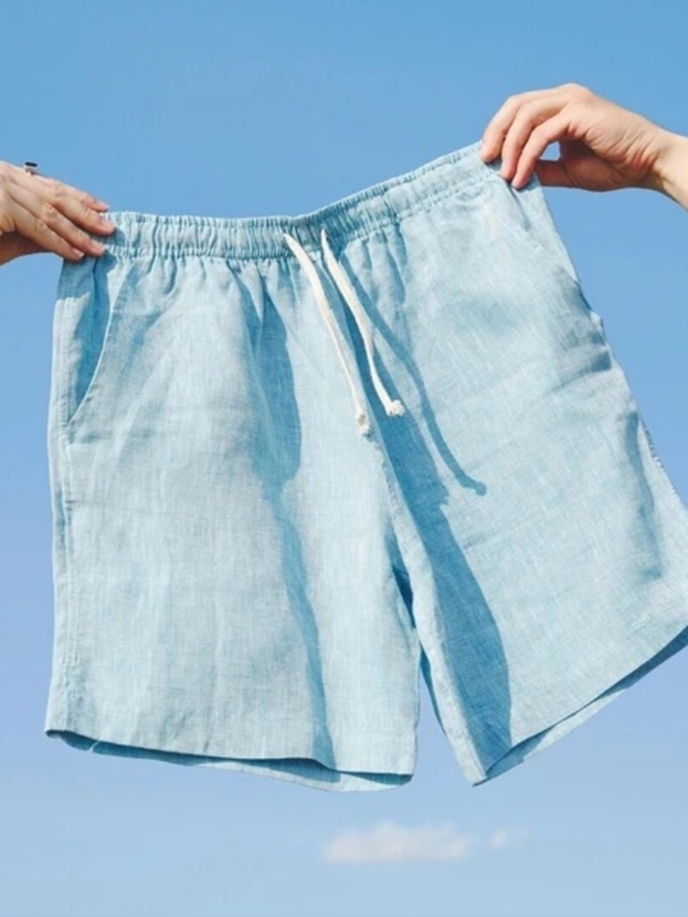 Alex Crane Light Blue “Bo” Linen Shorts with Drawstring